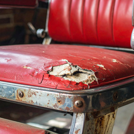 Close-up detail of a classic red barber chair, its vinyl seat torn and weathered from years of use.の素材