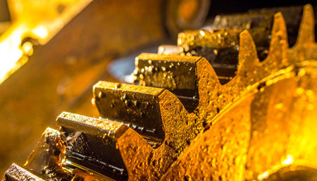 In the warm glow of an industrial furnace, massive, grease-coated gears interlock with precision.の素材