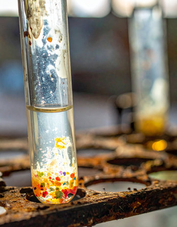 In a forgotten laboratory, a lone test tube holds a vibrant secret.の素材