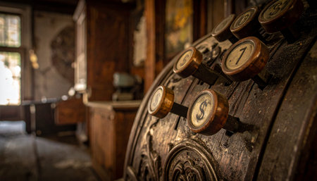 In the dusty light of a forgotten general store, an ornate wooden cash register stands as a silent testament to a bygone era.の素材