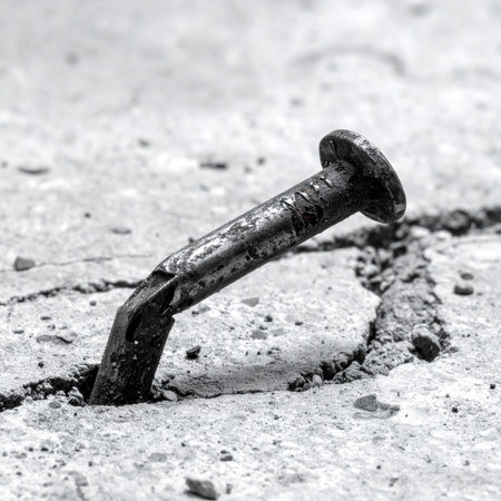 A single iron nail stands firm, hammered into a cracked concrete surface.の素材