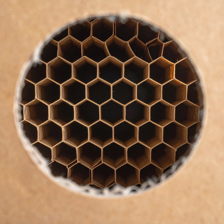 A fascinating macro view through a circular opening reveals the perfect, intricate hexagonal structure of a natural beehive.の素材