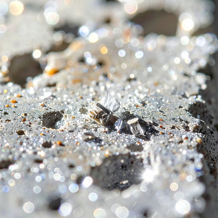 A detailed macro photograph captures an unexpected moment of beauty, where shimmering, glitter-like fragments are embedded in a rough, industrial concrete surface.の素材