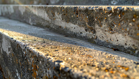 A low-angle, close-up view captures the intricate texture of old, weathered concrete steps.の素材