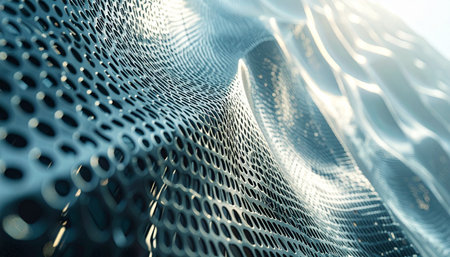 A futuristic, perforated surface undulates through crystal-clear water, symbolizing the flow of data and innovation.の素材