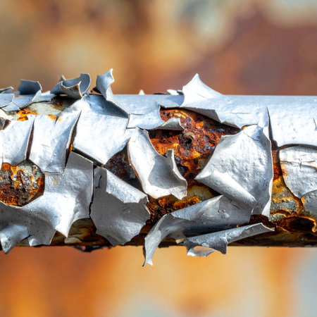 A macro view captures the intricate process of decay as silver paint curls and flakes away from a metal surface.の素材