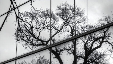 A stark, bare winter tree is captured as a ghostly reflection on the sleek glass facade of a modern building.の素材