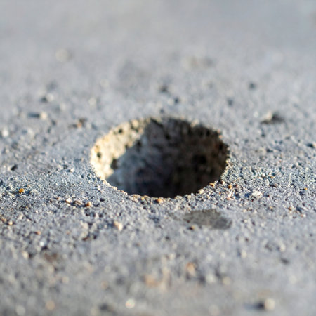 A close-up shot of a small, dark hole in a textured, gray surface.の素材