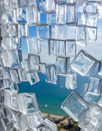 A unique perspective of a beautiful coastal scene viewed through a dynamic arrangement of clear glass cubes.の素材