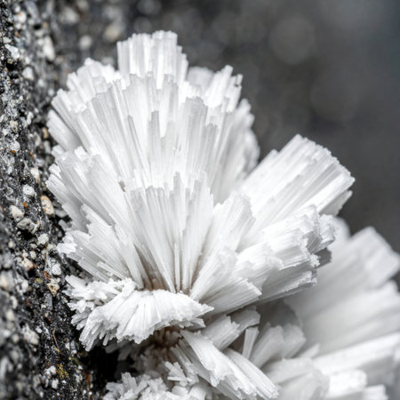 A stunning macro photograph captures the intricate and delicate structure of a white mineral formation.の素材
