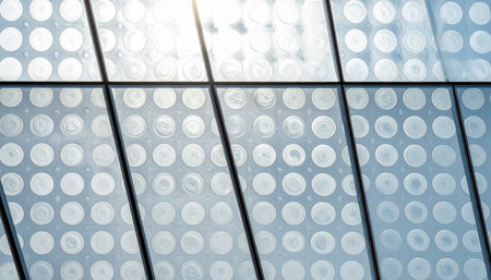 Sunlight reflects off the geometric dot pattern of a modern skyscraper's glass facade, creating an abstract background that symbolizes corporate innovation, technological advancement, and a clear vis.の素材