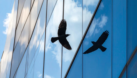 A silhouette of a bird in mid-flight is perfectly mirrored in the glass facade of a modern skyscraper.の素材