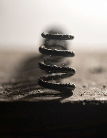 A single, weathered metal spring stands against a blurred background, its rusty coils holding a story of past use and forgotten machinery.の素材