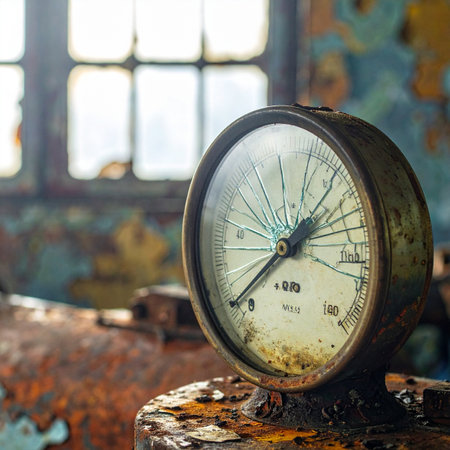 In the quiet of a forgotten factory, a broken pressure gauge stands as a silent testament to a bygone era.の素材