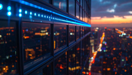 As twilight descends, a modern skyscraper is illuminated by a vibrant blue LED strip, casting a futuristic glow over the sprawling, illuminated city below.の素材