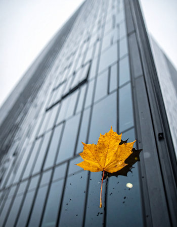 A single, vibrant yellow maple leaf clings to the wet glass of a towering skyscraper after a rain shower.の素材