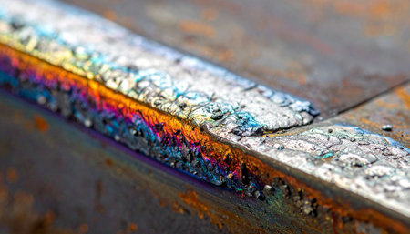 A macro view captures the vibrant, iridescent colors of a freshly laid weld seam.の素材