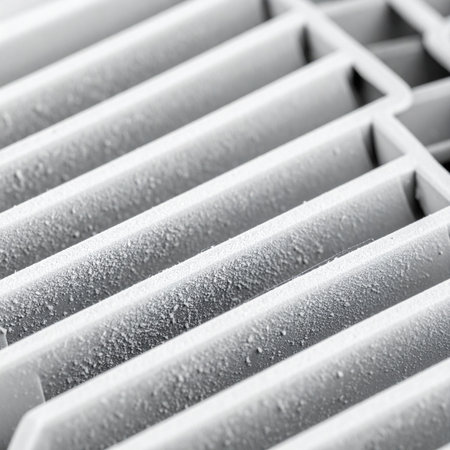 A macro detail shot reveals a thick layer of dust and potential allergens settled on the fins of a white HVAC vent, highlighting the importance of indoor air quality, home maintenance, and cleaning f.の素材
