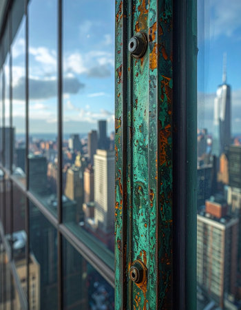 From a high vantage point, a weathered window frame with a rich green patina and rust offers a unique perspective on the sprawling modern city below.の素材
