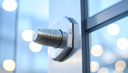 A detailed close-up of a stainless steel bolt and fitting securing a large glass panel.の素材