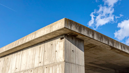 A low-angle view captures the stark, geometric lines of a massive concrete structure, showcasing the raw texture and strength of brutalist architecture against a clear blue sky.の素材