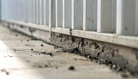 A low-angle, selective focus shot reveals the crumbling base of a wall at a construction site.の素材