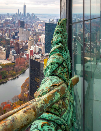 From its high perch on the iconic Chrysler Building, a timeless art deco eagle sculpture stands guard, its weathered patina contrasting with the modern glass facade.の素材