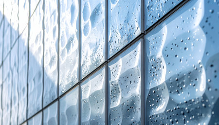 Morning light filters through a textured glass wall, its cool blue tones softened by condensation. Water droplets cling to the surface, distorting the view and creating a serene, abstract pattern.の素材
