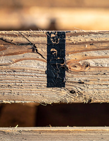 A detailed macro shot captures the rough, weathered texture of a wooden pallet.の素材