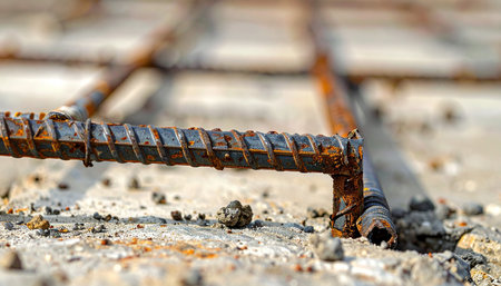 A macro shot focuses on the textured surface of rusty reinforcing bars set into a concrete slab.の素材
