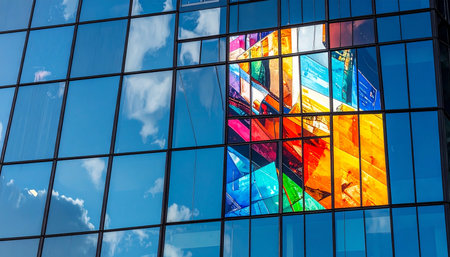 A vibrant splash of colorful abstract art breaks the uniform pattern of a modern glass facade.の素材