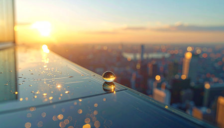 A crystal ball rests on a glass ledge high above a sprawling metropolis during a breathtaking golden hour sunset.の素材