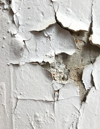 Layers of time are revealed as old white paint cracks and peels away from a weathered wall.の素材