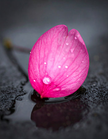 A single, delicate pink flower bud rests on a dark, wet surface after a gentle rain. Glistening water droplets cling to its petals, reflecting the quiet beauty of the moment.の素材
