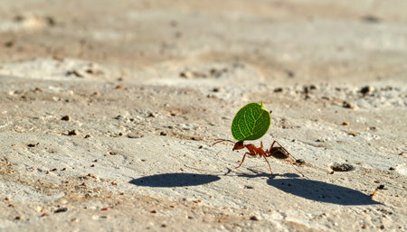 In the bright, harsh sunlight, a single, determined ant demonstrates incredible strength and perseverance.の素材