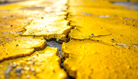 A close-up, low-angle view captures the intricate texture of a weathered yellow line on an old road.の素材