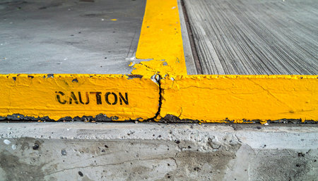 A weathered yellow caution line, fractured and worn, marks a boundary on a rough concrete floor.の素材