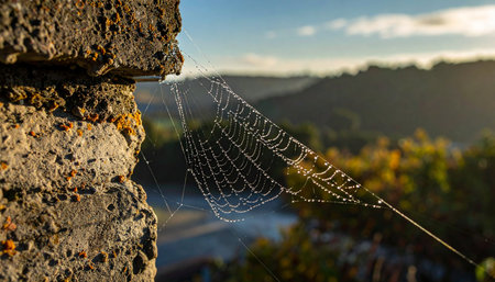 A delicate spiderweb, a masterpiece of natural engineering, glistens in the soft golden light of a new day.の素材