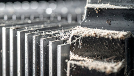 A detailed macro shot captures layers of dust and delicate cobwebs settled on the fins of an old, forgotten radiator.の素材