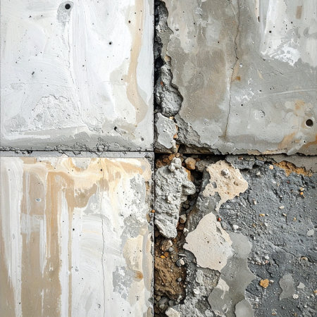 A close-up view reveals the deep fissures and crumbling grout of a neglected concrete wall.の素材