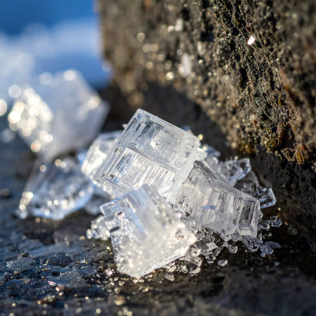 A detailed macro photograph captures the intricate beauty of geometric ice crystals forming on a dark, textured rock.の素材