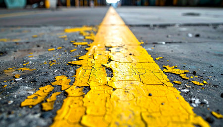 A low-angle, close-up view captures the gritty texture of a cracked and peeling yellow line on an old asphalt road.の素材
