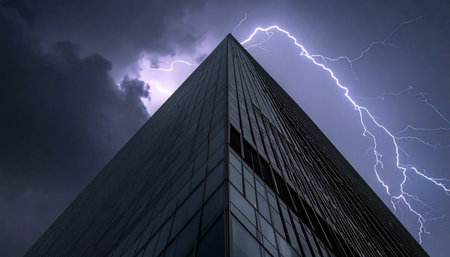 A powerful bolt of lightning illuminates the night sky, striking perilously close to the sharp, modern facade of a corporate skyscraper.の素材