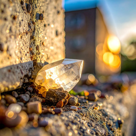 A single, clear quartz crystal rests on a rough stone ledge, catching the last rays of the golden hour sun.の素材