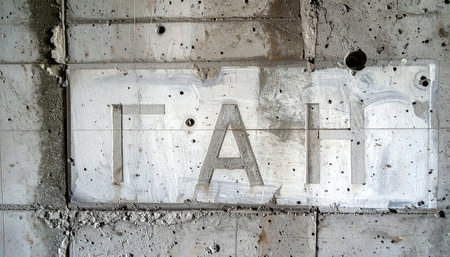 The word 'FAIL' is permanently stamped into a rough, damaged concrete surface.の素材