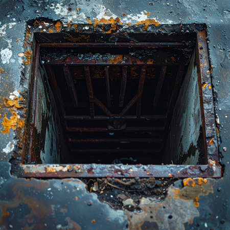 A square portal of darkness is framed by heavily corroded metal, where layers of rust and decay tell a story of abandonment and time.の素材