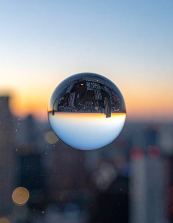 A crystal ball held against a blurred city backdrop captures the inverted skyline during a serene sunset.の素材