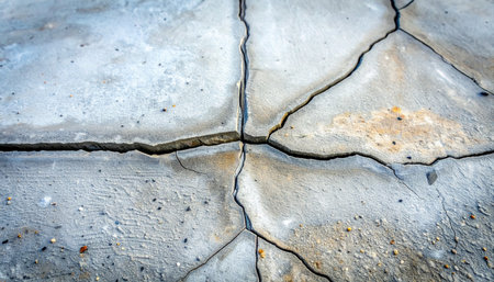 A close-up view reveals a network of deep cracks spreading across an old, weathered concrete surface.の素材
