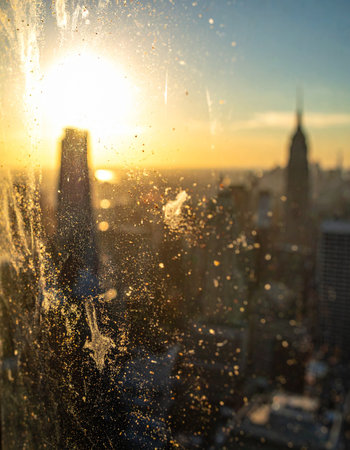 A new day dawns over a sprawling metropolis, its golden light filtering through a window pane marked by the passage of time.の素材