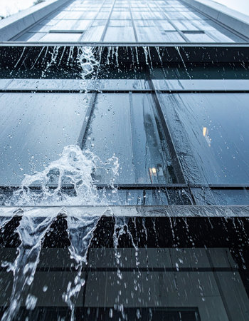 From a dramatic low angle, water cascades and splashes down the sleek glass facade of a modern skyscraper.の素材